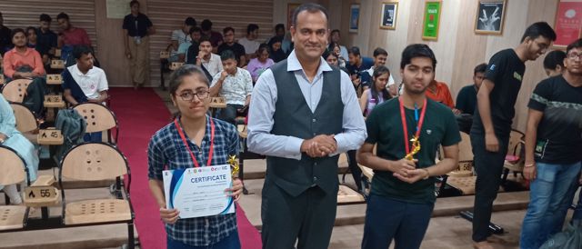 Guest speaker with college students during a career and social media awareness session at Techno India Main Campus